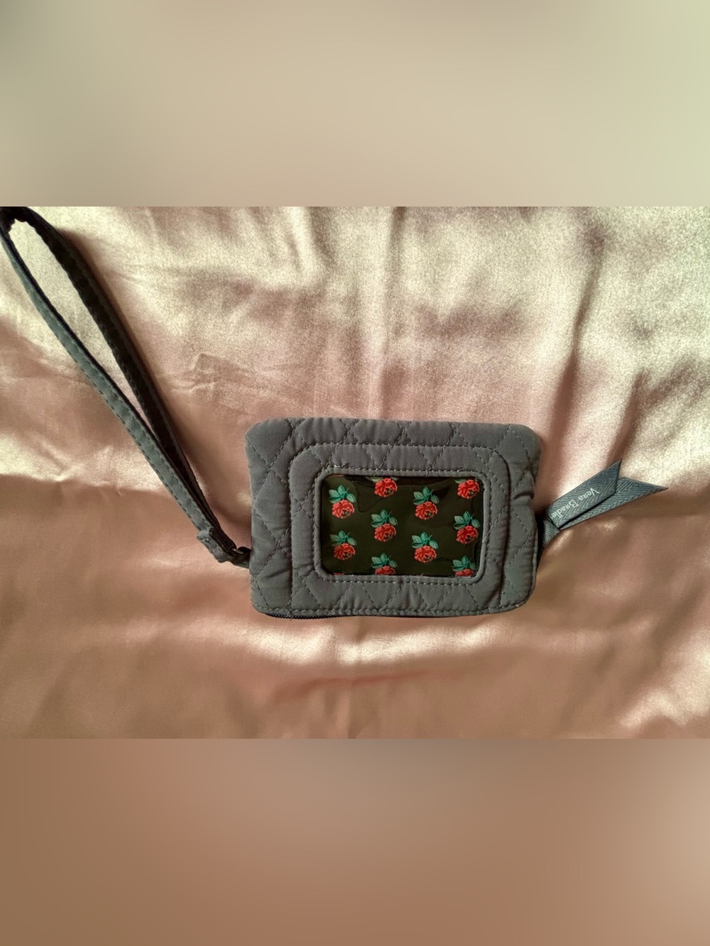 Vera Bradley Quilted Gray Wristlet with Red Rose Window